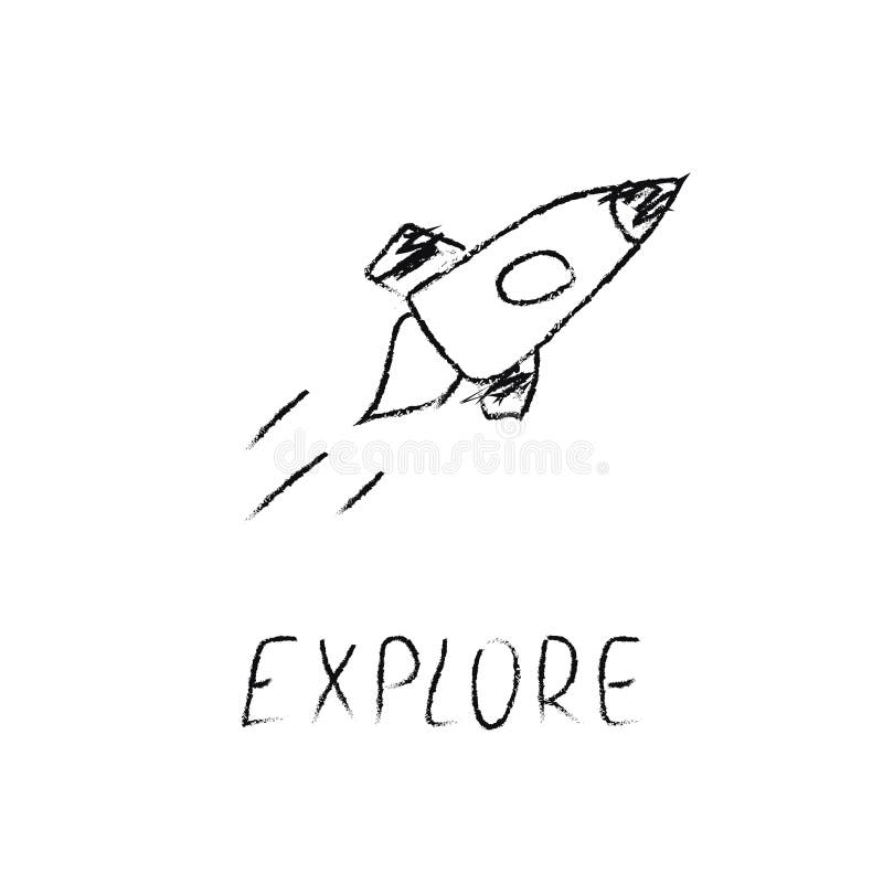 Doodle-Kosmos-Illustration im kindischen Stil. Handgezeichnete Weltraumkarte mit Buchstaben erforschen Rakete. schwarz-weiß stock abbildung