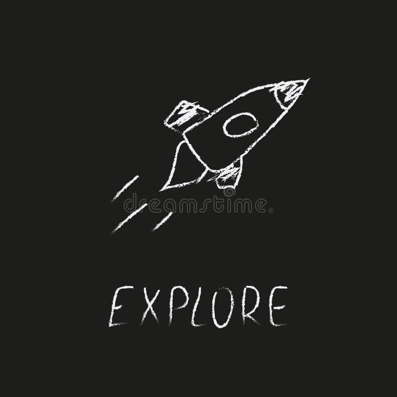 Doodle-Kosmos-Illustration im kindischen Stil. Handgezeichnete Weltraumkarte mit Buchstaben erforschen Rakete. schwarz-weiß stock abbildung