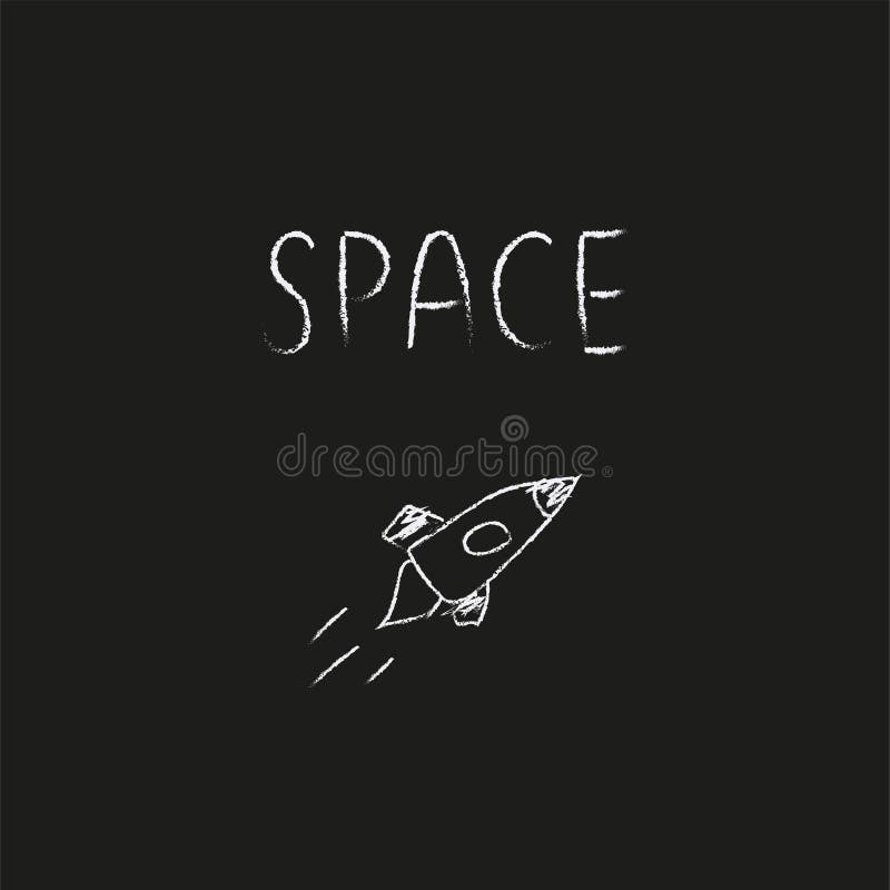 Doodle-Kosmos-Illustration im kindischen Stil. Handgezeichnete Weltraumkarte mit Buchstabenrakete. schwarz-weiß. vektor abbildung