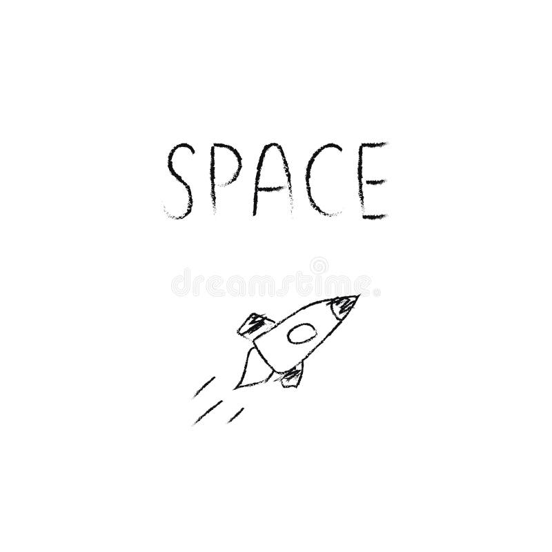Doodle-Kosmos-Illustration im kindischen Stil. Handgezeichnete Weltraumkarte mit Buchstabenrakete. schwarz-weiß. vektor abbildung