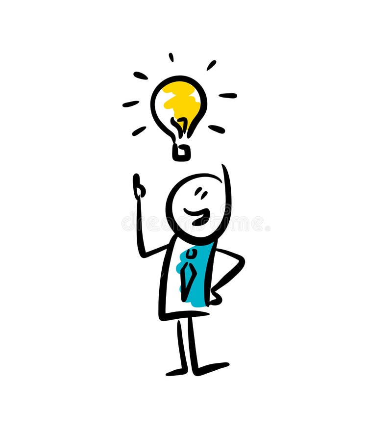 Doodle man and lighting bulb shouing good idea.