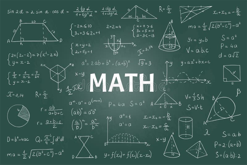 Doodle math blackboard. Mathematical theory formulas and equations, hand drawn school education graphs. Vector geometry