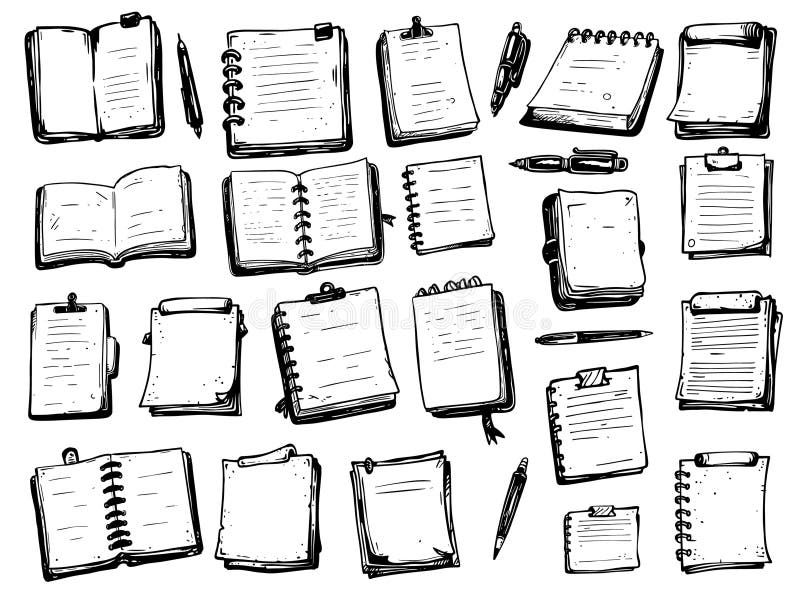 Doodle notebook sheets set. Hand drawn notes memo, diary on string bullet journal paper reminder and pens vector stock illustration