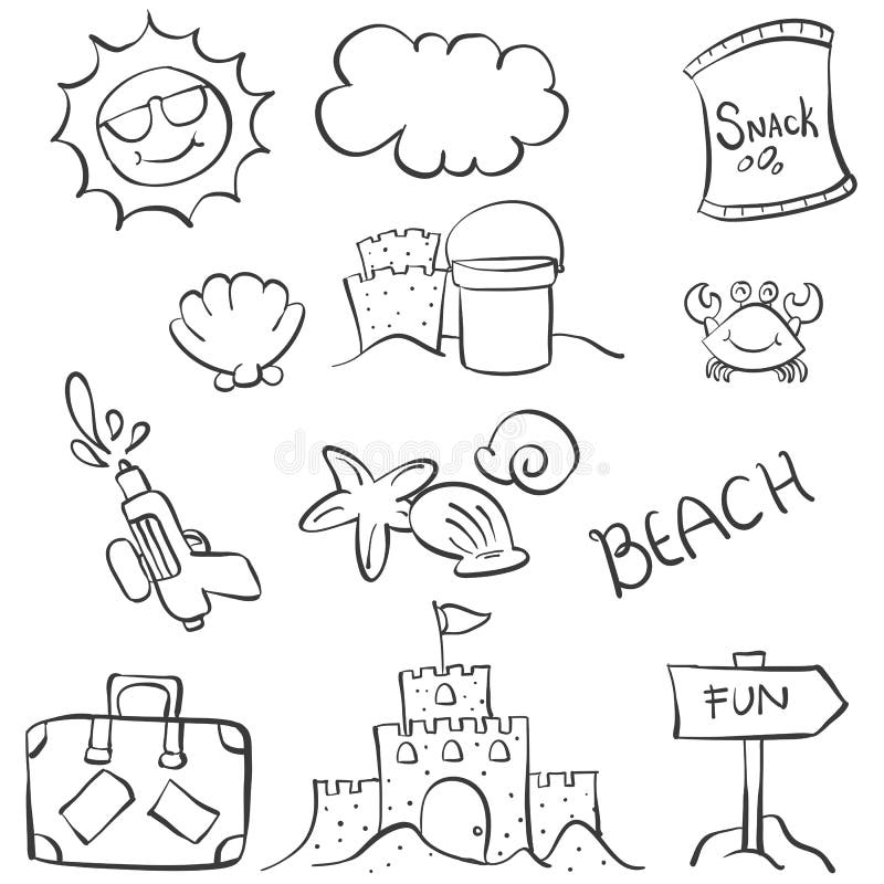 Doodle Object Summer Beach Hand Draw Stock Vector - Illustration of ...