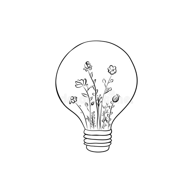 Doodle Outline Vector Illustration of a Lamp with Flowers. Cute