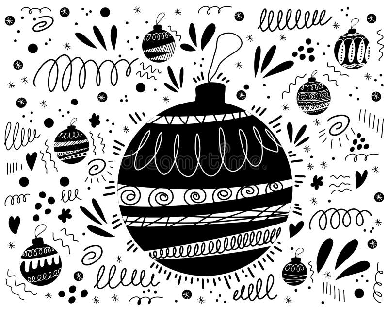 Doodle pattern background with Christmas tree toys and abstract elements. Illustration for prints, greeting cards, fabric. royalty free illustration
