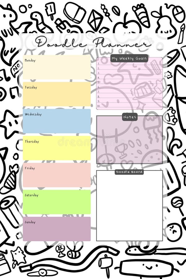 Doodle planner digital printable blank template insert vector illustration