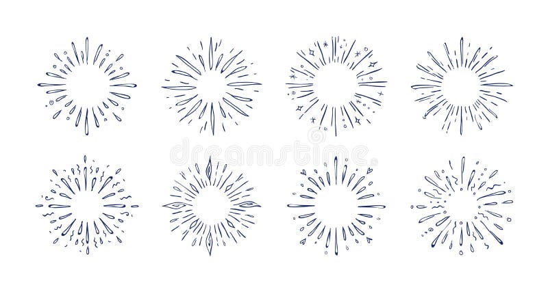 Doodle pop rays. Hand drawn starburst decorative elements, line sketch frame for greeting cards and posters. Vector