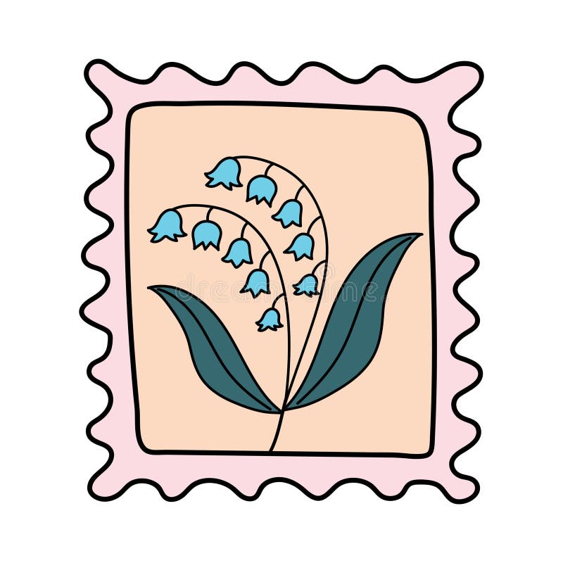 Doodle Postage Stamp with Lily of the Valley. Stock Vector