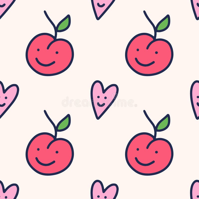 Doodle romantic Valentines day groovy seamless pattern vector clipart. Smiley hearts emoji with face and red apple funny stock illustration