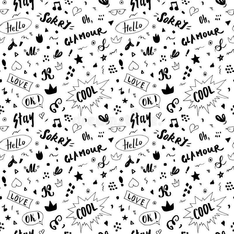 Doodle Seamless Pattern, Hand Drawn Pop Art Signs and Symbols