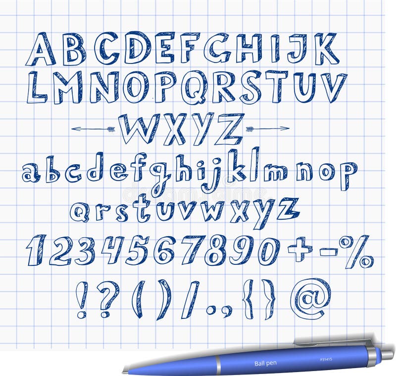 Doodle sketch font hand drawn with blue pen