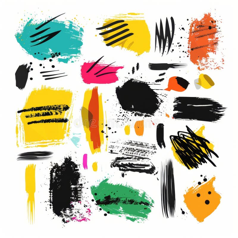 Doodle skizzierte abstrakte Elemente Pinselstriche der zeitgenössischen Kunst Gesichter verschleiert isoliert. Doodle skizzierte abstrakte Elemente Pinselstriche zeitgenössische Kunst Augen Gesichter verschmiert isolierte Pinselstrich Form Spritzgießflecken minimale flache rau splatter generative ai Illustration ai generiert