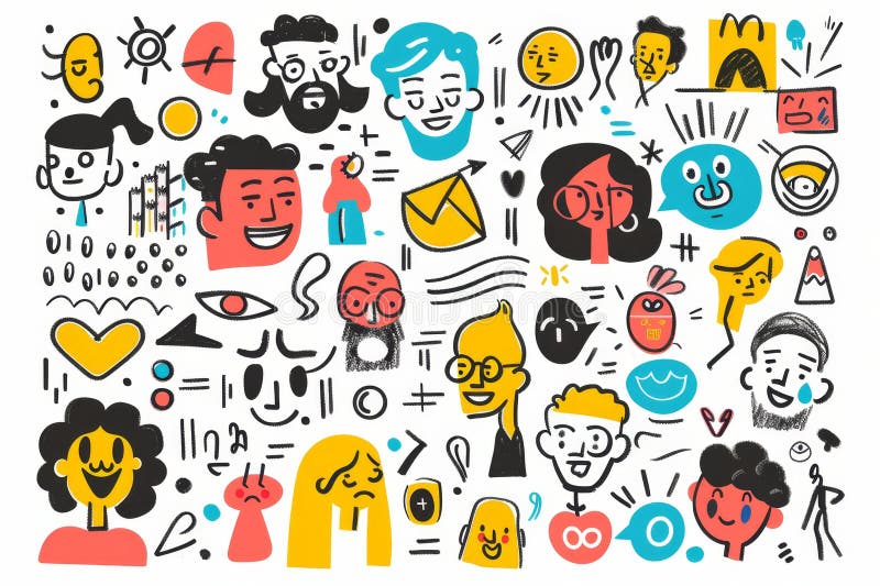 Doodle skizzierte abstrakte Elemente Pinselstriche der zeitgenössischen Kunst Gesichter verschleiert isoliert stockbilder