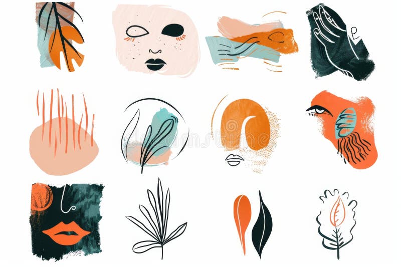Doodle skizzierte abstrakte Elemente Pinselstriche der zeitgenössischen Kunst Gesichter verschleiert isoliert stockfotografie