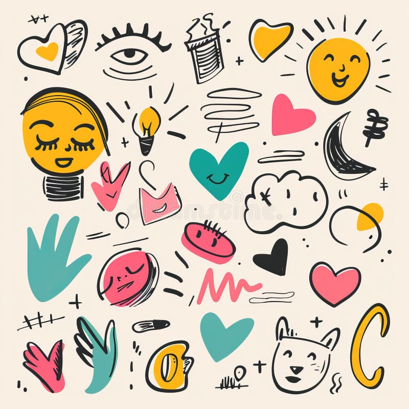 Doodle skizzierte abstrakte Elemente Pinselstriche in zeitgenössischen Kunstaugen verschleiert isoliert stockbild