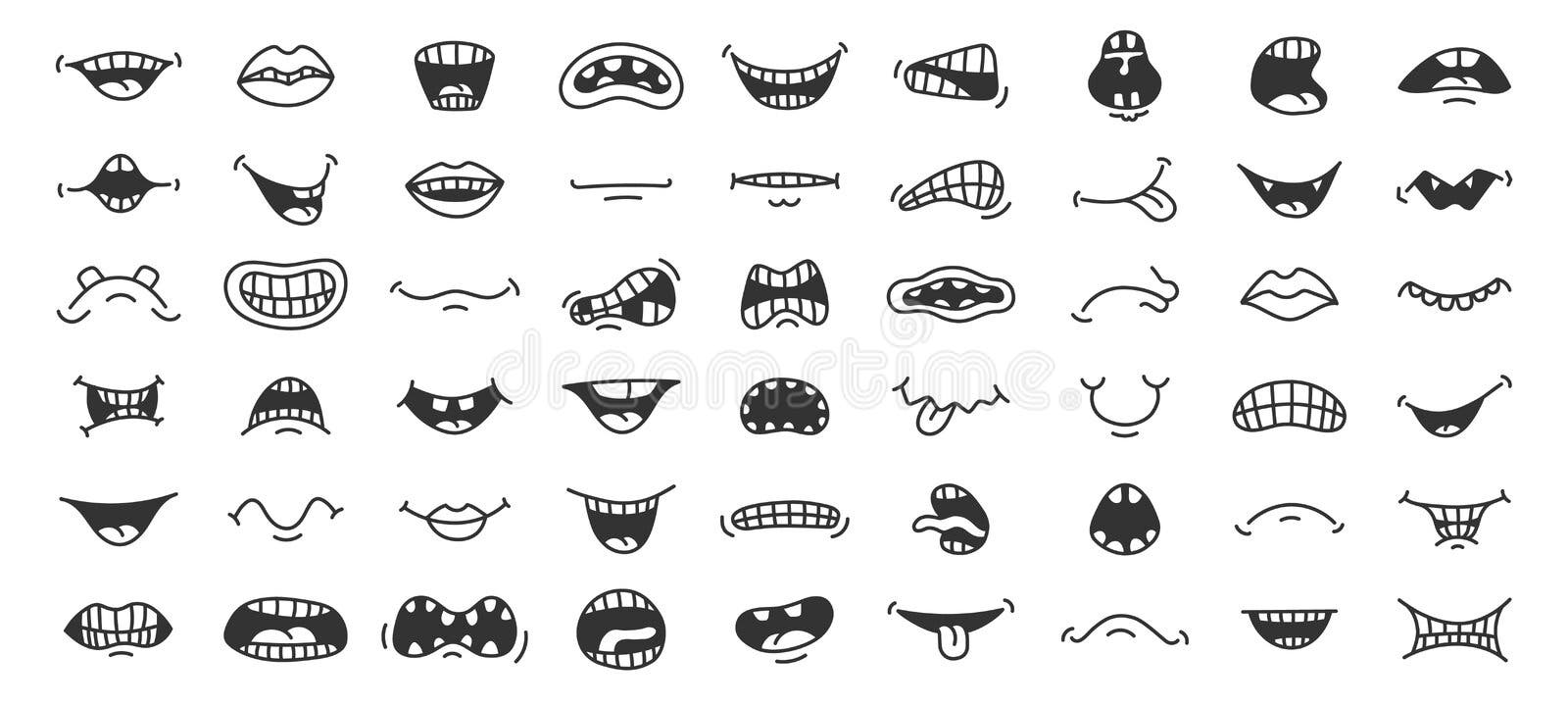 Funny mouths. Facial expressions, cartoon lips and tongues. Hand drawing  laughing show tongue, happy and sad mouth poses vector set Stock Vector by  ©tartila.stock.gmail.com 201199208