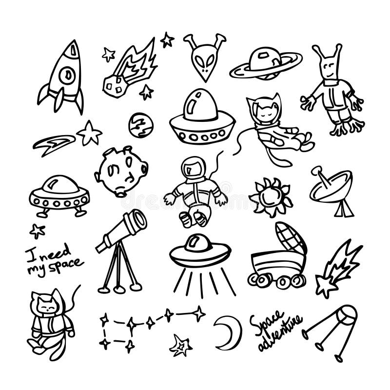 Doodle Space Elements. Ufo, Planets and Cosmonauts Vector Illustration ...