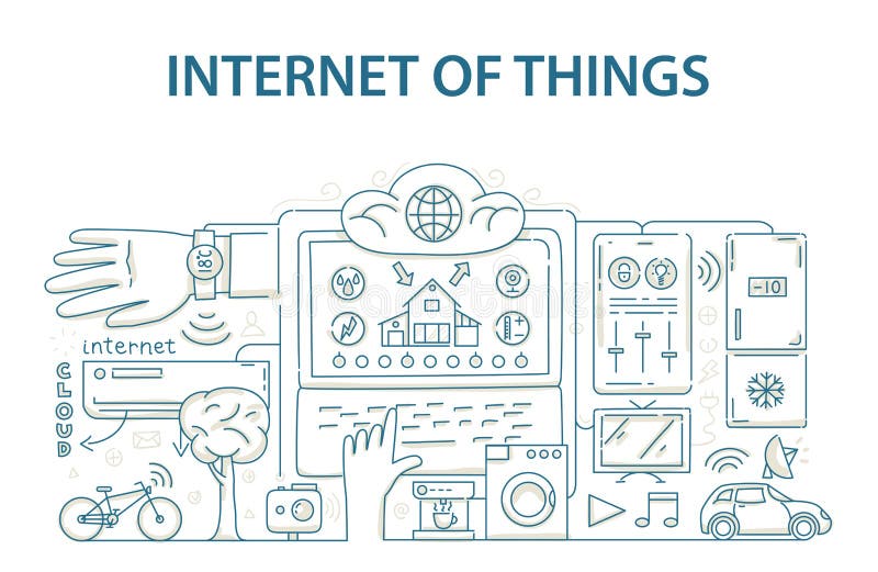 Doodle style design concept of internet of things data technology, network infrastructure of connecting everything. royalty free illustration