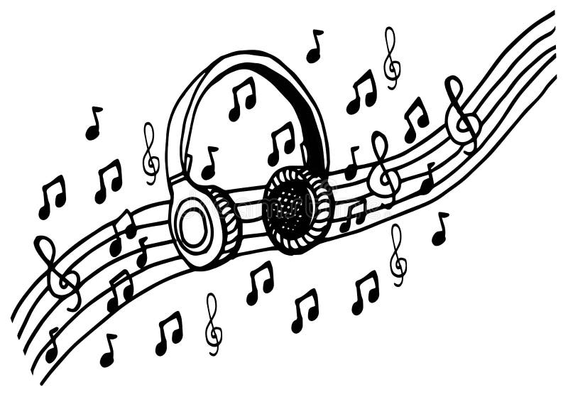 Doodle Style Headphones Vector Illustration with Musical Notes, Hand