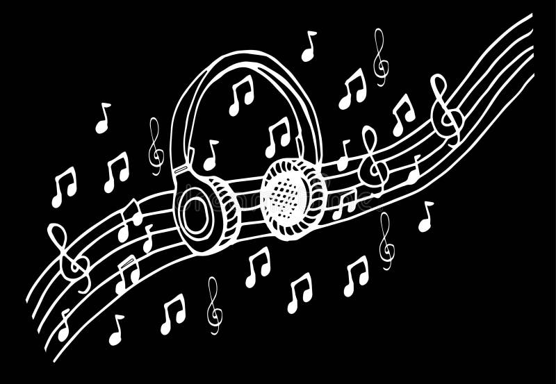 Doodle Style Headphones Vector Illustration with Musical Notes, Hand