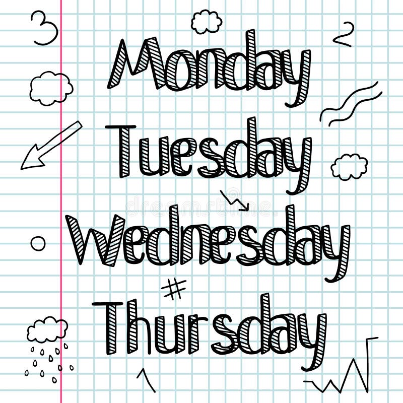 A set of signs, words, days of the week. Days of the week. Word. Hand drawing. Bar. The workbook is in the cage. A set of signs, words, days of the week. Days of the week. Word. Hand drawing. Bar. The workbook is in the cage.