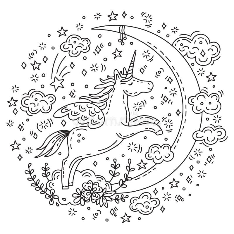 Doodle unicorn moon stock vector. Illustration of decoration - 191163412