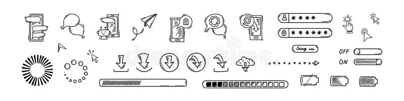 Doodle using smartphone design elements. Password verification, notifications on, battery charger indicator, loading bar, download vector illustration