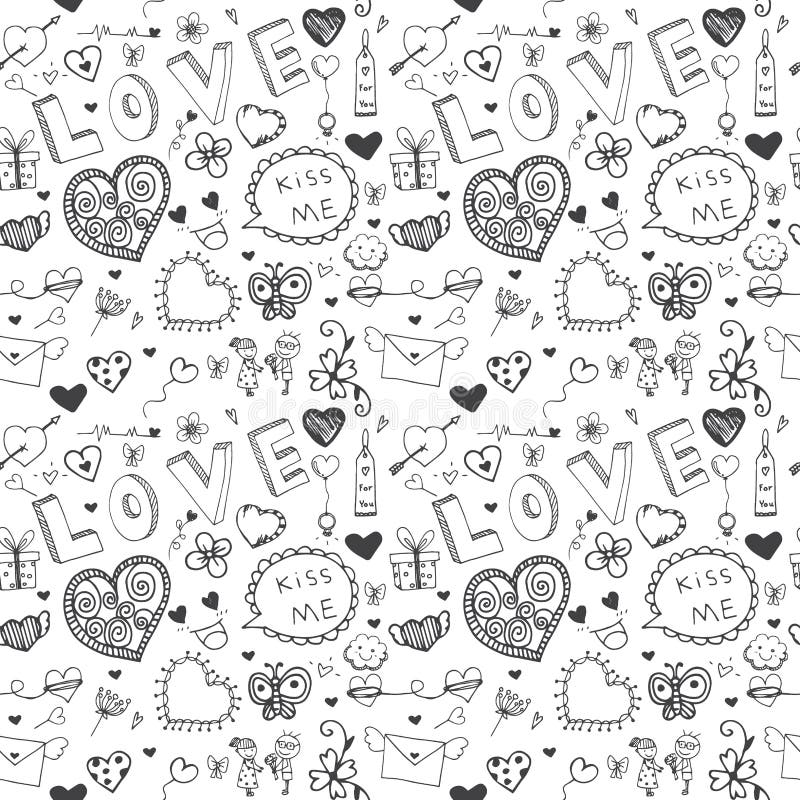 Doodle vector freehand drawing of love pattern seamless on white background