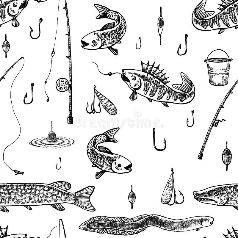 Doodle Vector Seamless Pattern. Fishing Illustration Stock Vector