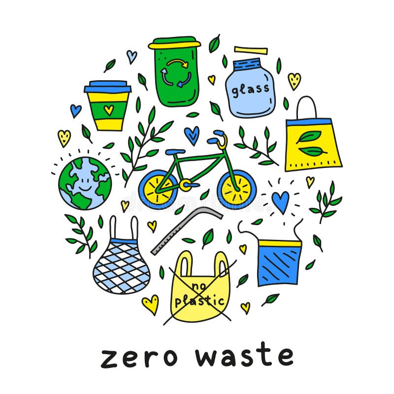 Doodle Zero Waste Icons in Circle. Stock Vector Illustration of