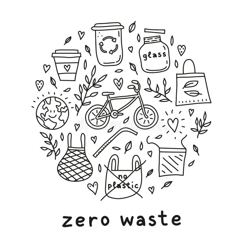 Doodle Zero Waste Icons in Circle. Stock Vector Illustration of