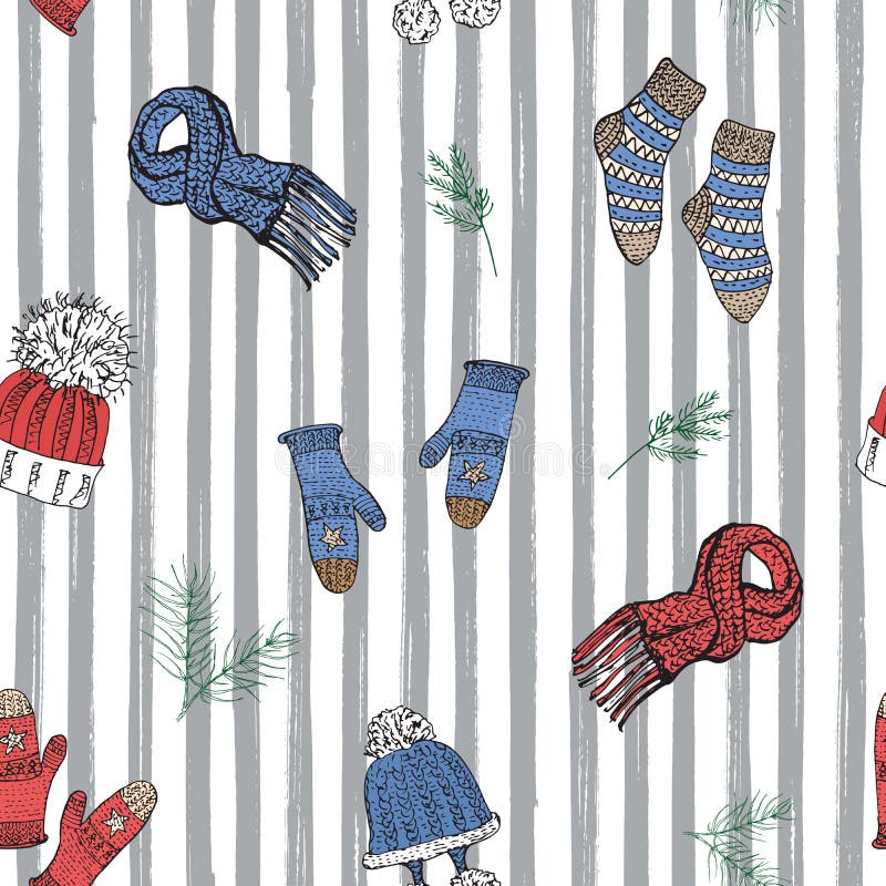 Doodle сезона зимы одевает безшовную картину Вручите вычерченным элементам эскиза теплые носки, перчатки и шляпы striped предпосы иллюстрация штока Doodle сезона зимы одевает безшовную картину Вручите вычерченным элементам эскиза теплые носки, перчатки и шляпы striped предпосы иллюстрация штока