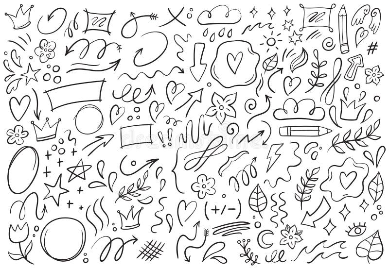 Doodles decorativos. Conjunto de ilustraciones vectoriales de flechas de mano, formas de contorno y marcos de doodle