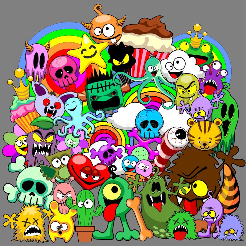 Stock Illustration Doodles Monsters Saga Spooky Creepy Cute Colorful Doodle Cartoon Characters Assembled Fun Family Portrait Image61337045
