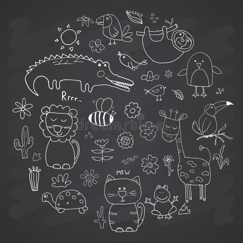 Doodles Para Animales. Dibujo De Animales Curados. Dibujo Del Vector De  Dibujos a Mano Sobre El Fondo De La Pizarra Ilustración del Vector -  Ilustración de fresco, infantil: 157835270