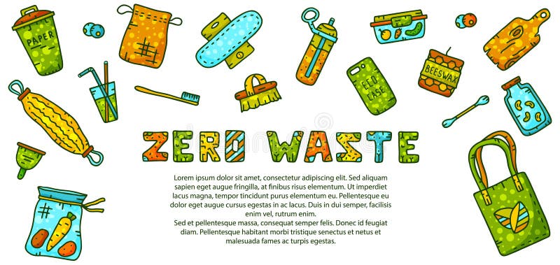 Horizontal banner for zero waste. Color lettering and cartoon elements with place for text. Illustration doodle design for web site, poster. Horizontal banner for zero waste. Color lettering and cartoon elements with place for text. Illustration doodle design for web site, poster