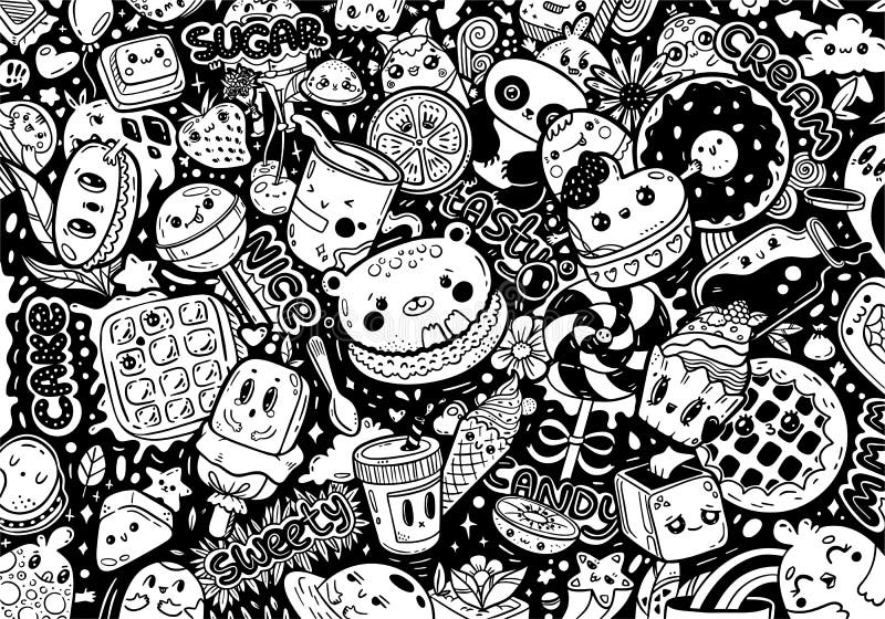 Sweet foods doodle art vector with a black and white design. Cute