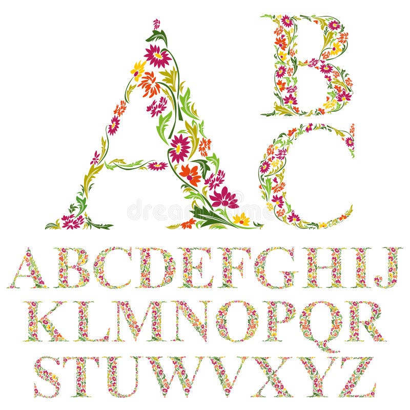 Doopvont met bladeren, bloemen geplaatste die alfabetbrieven wordt gemaakt stock illustratie Doopvont met bladeren, bloemen geplaatste die alfabetbrieven wordt gemaakt stock illustratie
