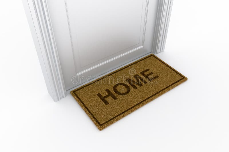 3d rendering of a door with a doormat written home on it