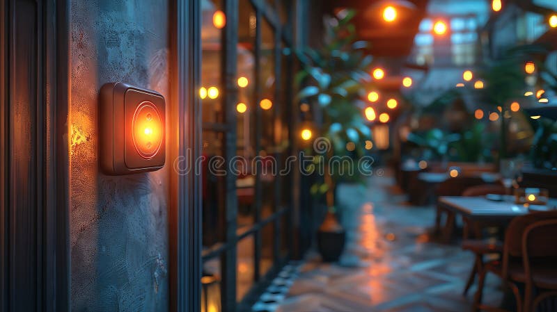 Door access button in a modern restaurant setting, clean with copy space royalty free illustration