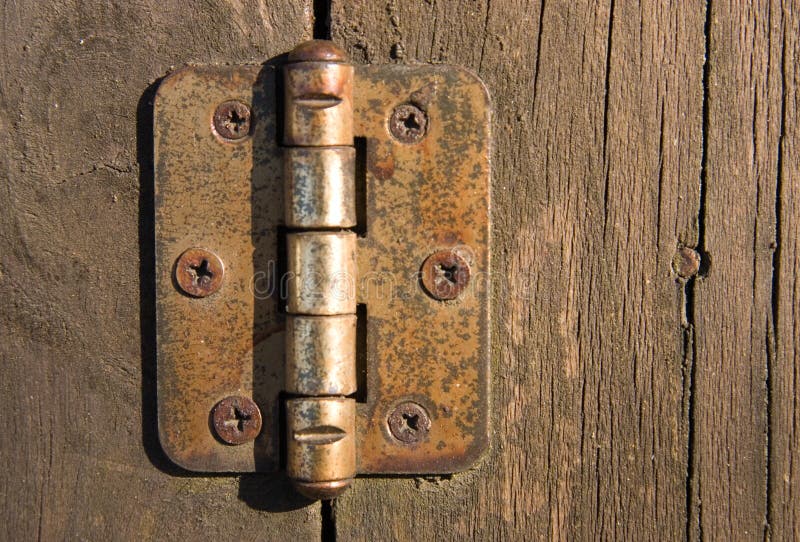 Old door hinge on wooden door.