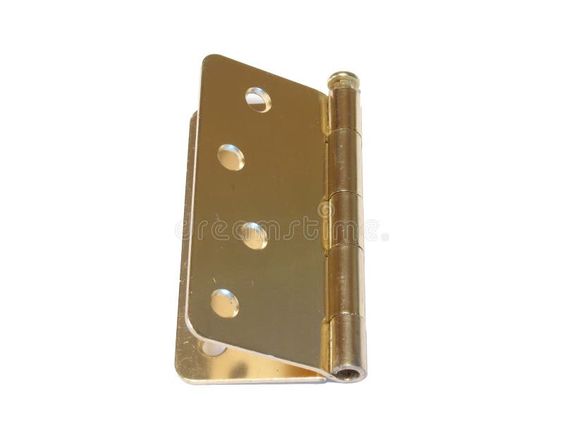 Closeup of gold colored door hinge on white background