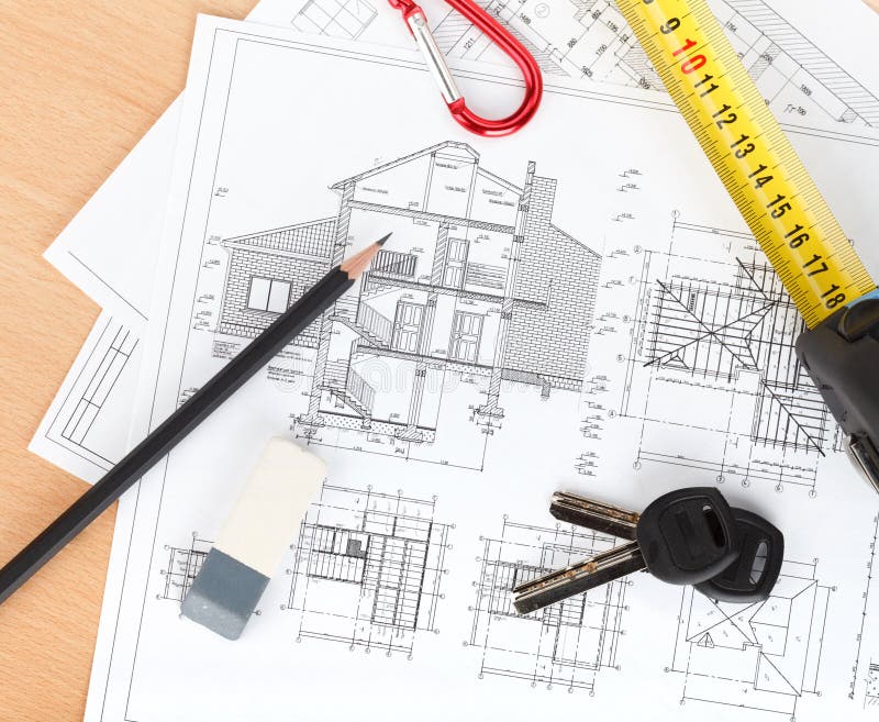 Door keys, construction projects and tools royalty free stock images