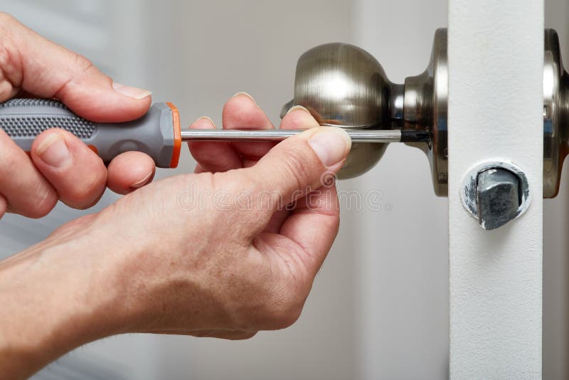 Door knob installation. stock image. Image of jamb, home 79259007