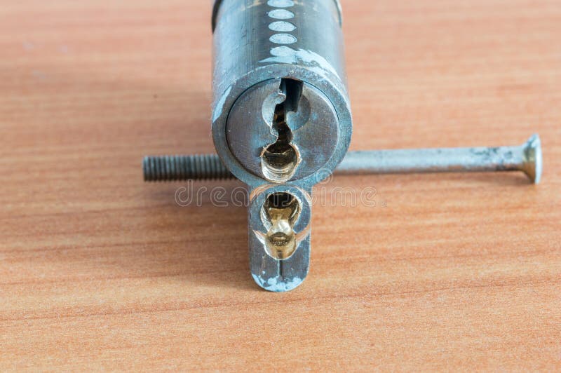 Door Lock with Drilled Holes. Emergency Open the Lock Stock Image