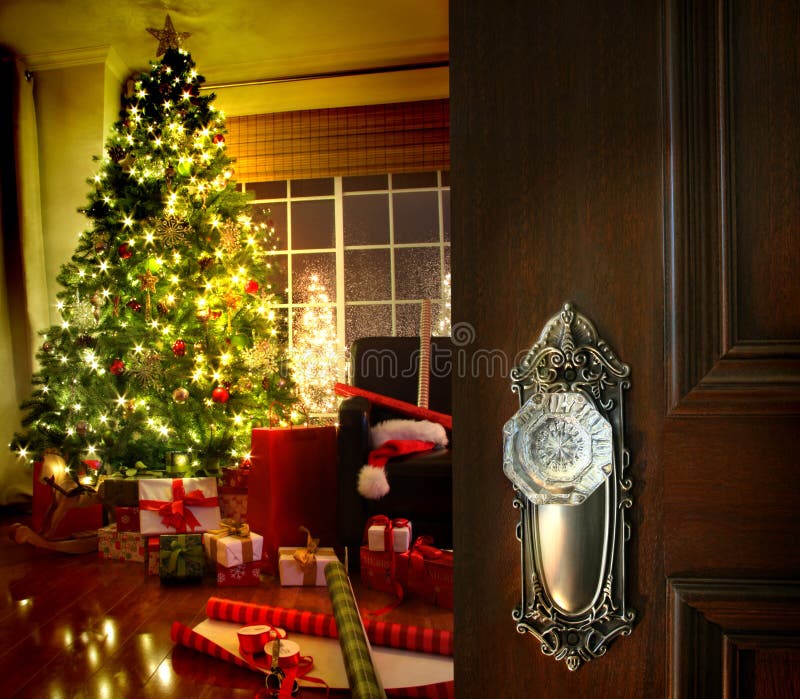 Door opening into a Christmas living room