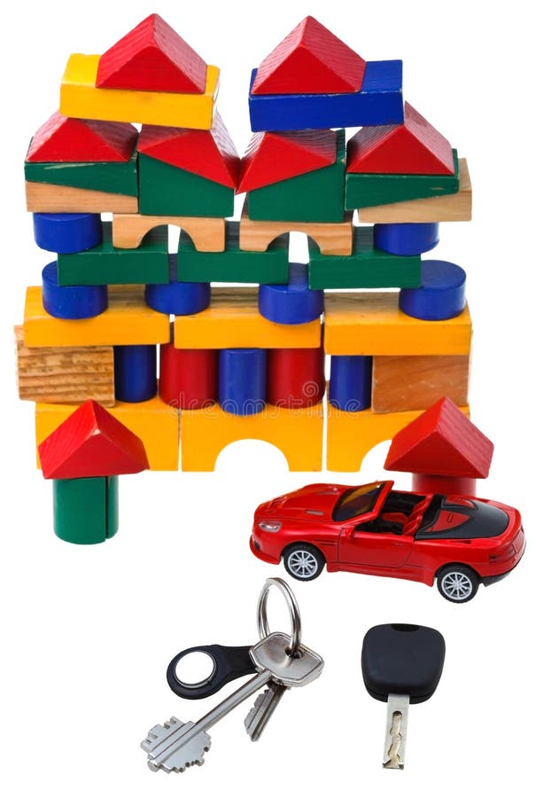 Door, vehicle keys, red car model and block house royalty free stock photography Door, vehicle keys, red car model and block house royalty free stock photography