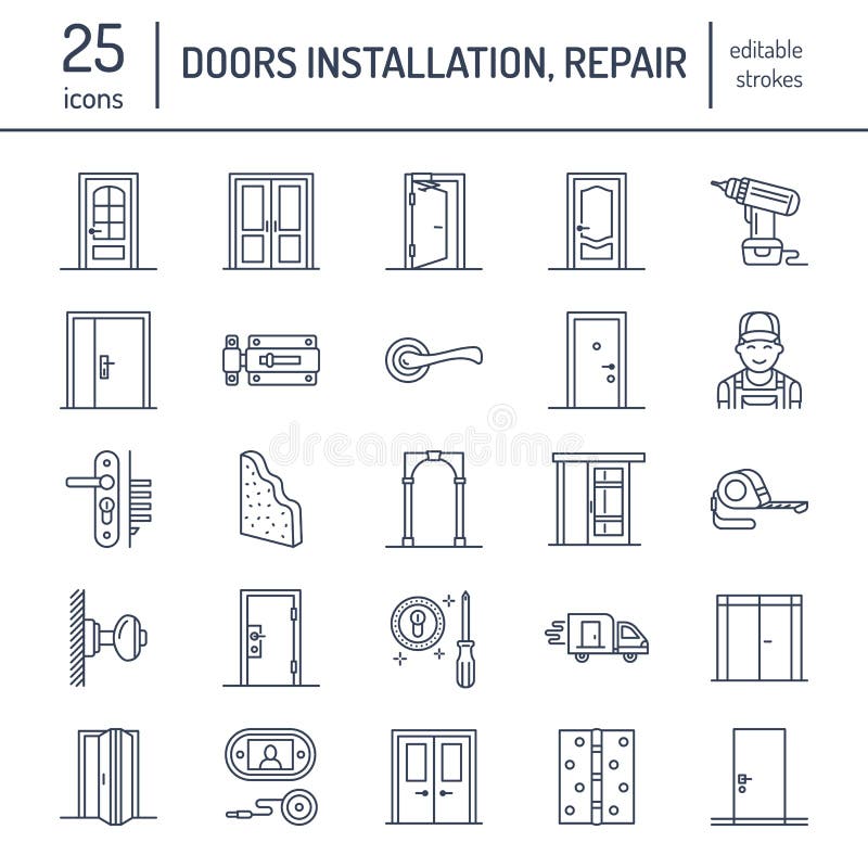 Doors Installation Repair Line Icons Various Door Types