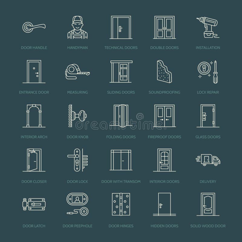 Doors Installation Repair Line Icons Various Door Types